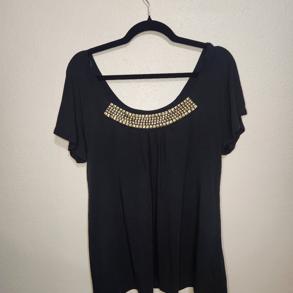 ⭐ Michael Kors Large Black Gold Embellished Neck Dolman Tunic Top Shirt ⭐ - Picture 2 of 9